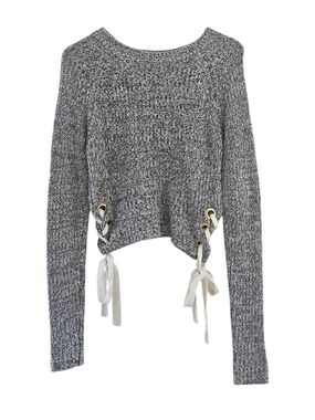 Guess Gray Marled Lace-Up Side Tie Crewneck Sweater